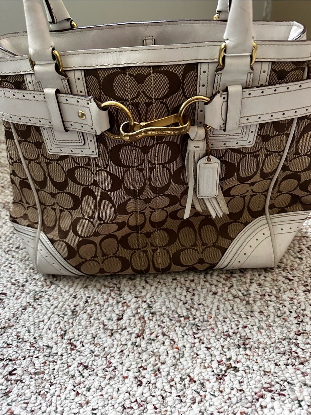 Coach Brown Signature Canvas Tote with White Leather Trim and Gold Hardware